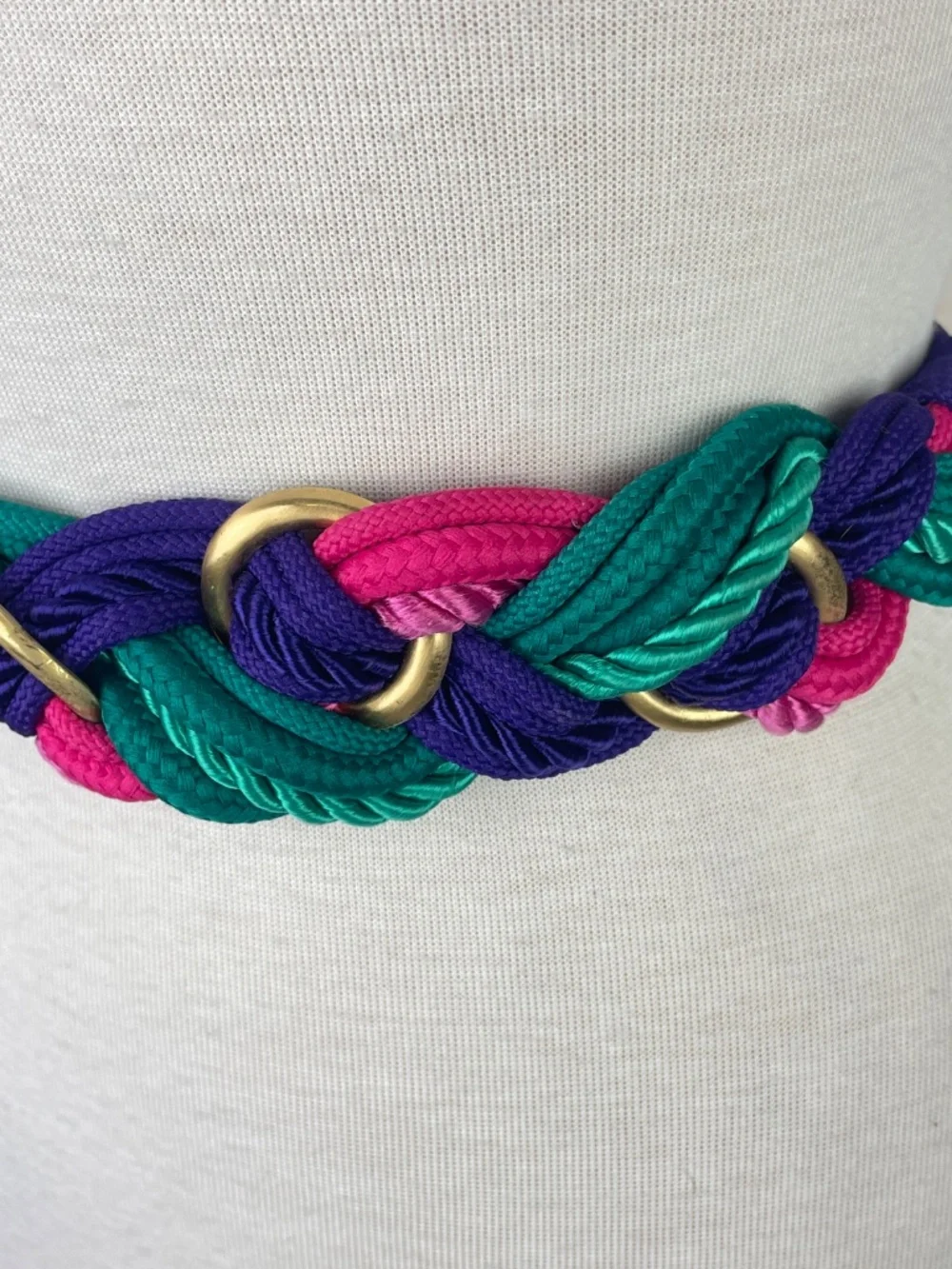 Vintage 1980s Colorful Braided Rope Belt Gold Rings Purple Pink Green